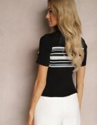 rosa Bluză Casual Neagră cu Imprimeu cu Dungi din Material Reiat Dniasa