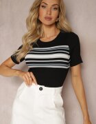 rosa Bluză Casual Neagră cu Imprimeu cu Dungi din Material Reiat Dniasa