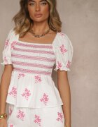 rosa Bluză Fucsia din Bumbac cu Decolteu Spaniol și Broderii Nilissa