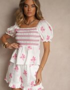 rosa Bluză Fucsia din Bumbac cu Decolteu Spaniol și Broderii Nilissa