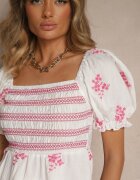 rosa Bluză Fucsia din Bumbac cu Decolteu Spaniol și Broderii Nilissa