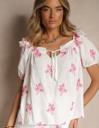 rosa Bluză Fucsie din Viscoză cu Legătură la Decolteu și Broderii Nilamessa