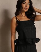 rosa Bluză Neagră din Bumbac cu Volănaș Broderii și Franjuri Milunissa