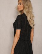 rosa Bluză Negră cu Mânecă Scurtă cu Fir Metalic Beganta