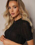 rosa Bluză Negră cu Mânecă Scurtă cu Fir Metalic Beganta