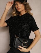 rosa Bluză Negră cu Viscoză Ornată cu Fir Metalic Sanallin
