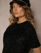 rosa Bluză Negră cu Viscoză Ornată cu Fir Metalic Sanallin