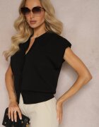 rosa Bluză Polo Casual Neagră stil de vestă tricotată cu umeri întăriți Aidelma