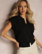 rosa Bluză Polo Casual Neagră stil de vestă tricotată cu umeri întăriți Aidelma