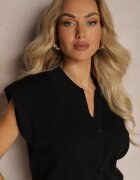 rosa Bluză Polo Casual Neagră stil de vestă tricotată cu umeri întăriți Aidelma
