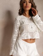 rosa Bluză Scurtă Albă din bumbac ajurat cu mâneci lungi Hrisa