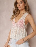 rosa Bluză Top Bej Evazată din Țesătură de Dantelă Kambra