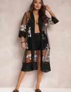 rosa Bluză transparentă Neagră cu Mânecă 3/4 și Broderie Calasine