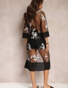 rosa Bluză transparentă Neagră cu Mânecă 3/4 și Broderie Calasine
