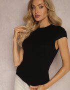 rosa Bluză tricotată neagră cu mânecă scurtă cu dungi Perilalia