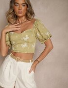 rosa Bluză Verde cu Broderii-Fundițe cu Maneci bufante la umeri Efravina