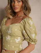 rosa Bluză Verde cu Broderii-Fundițe cu Maneci bufante la umeri Efravina