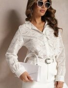 rosa Cămașă Albă din Bumbac cu Guler tunica Broderie și Inserții ajurate Mylina