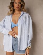 rosa Cămașă albastră din bumbac cu croială oversize cu dungi cu ornamente metalice Pasenitia
