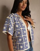 rosa Cămașă Albastră din Bumbac Decorată cu Model Geometric Melundria