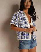 rosa Cămașă Albastră din Bumbac Decorată cu Model Geometric Melundria