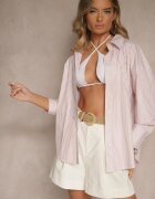 rosa Cămașă bej din bumbac cu croi oversize în dungi cu ornamente metalice Pasenitia