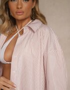 rosa Cămașă bej din bumbac cu croi oversize în dungi cu ornamente metalice Pasenitia