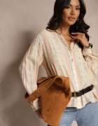 rosa Cămașă Bej din Vâscoză Decorată cu Model Floral Mic Aredina