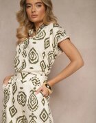 rosa Cămașă Bej și Verde cu Mânecă Scurtă din Viscoză Decorată cu Model Ornamental Animira