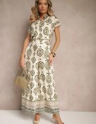 rosa Cămașă Bej și Verde cu Mânecă Scurtă din Viscoză Decorată cu Model Ornamental Animira