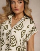 rosa Cămașă Bej și Verde cu Mânecă Scurtă din Viscoză Decorată cu Model Ornamental Animira