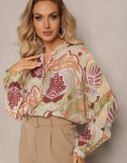 rosa Cămașă bej-verde cu Viscoză închisă cu nasturi cu model modern cu ornamente Mingula