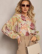 rosa Cămașă bej-verde cu Viscoză închisă cu nasturi cu model modern cu ornamente Mingula