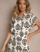 rosa Cămașă cu mânecă scurtă Bej și Negru cu Viscoză Decorată cu Model Ornamental Animira