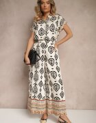rosa Cămașă cu mânecă scurtă Bej și Negru cu Viscoză Decorată cu Model Ornamental Animira