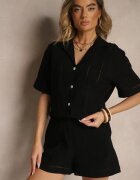 rosa Cămașă Neagră din Bumbac Decorată cu Model Ajurat Natalena