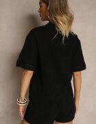 rosa Cămașă Neagră din Bumbac Decorată cu Model Ajurat Natalena