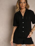 rosa Cămașă Neagră din Bumbac Decorată cu Model Ajurat Natalena