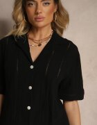 rosa Cămașă Neagră din Bumbac Decorată cu Model Ajurat Natalena