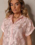 rosa Cămașă Roz cu Mânecă Scurtă Decorată cu Model Floral Frorela