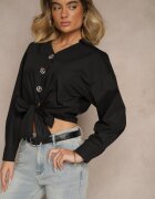 rosa Cămașă scurtă neagră din bumbac cu legătură și nasturi decorativi cu crini