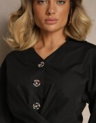 rosa Cămașă scurtă neagră din bumbac cu legătură și nasturi decorativi cu crini