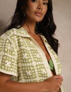 rosa Cămașă Verde din Bumbac Decorată cu Model Geometric Melundria
