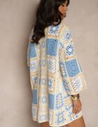 rosa Cardigan Albastru din Bumbac Decorat cu Motiv Ajurat Zorelle