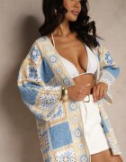 rosa Cardigan Albastru din Bumbac Decorat cu Motiv Ajurat Zorelle