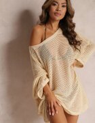 rosa Cardigan Tunică Bej Croșetată cu Mânecă Largă Narley