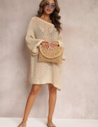 rosa Cardigan Tunică Bej Croșetată cu Mânecă Largă Narley