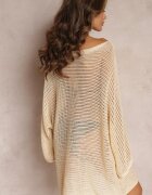 rosa Cardigan Tunică Bej Croșetată cu Mânecă Largă Narley