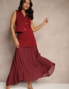 rosa Compleu Bordo din Viscoză Fustă cu croi evazat și Vestă decorată cu nasturi Felilya