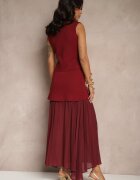 rosa Compleu Bordo din Viscoză Fustă cu croi evazat și Vestă decorată cu nasturi Felilya